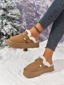 1 Đôi giày lười đế xuồng quai vải trơn màu thông thường, thích hợp để mặc ở nhà vào mùa thu/đông, giày lông, giày mule - màu nâu - Xem 4