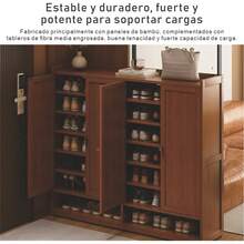 Zapatero bambú y MDF 107cm alto con base abierta y mesa superior diseño moderno resistente multifuncional ideal para almacenamiento de calzado espacio organizador práctico estructura sólida acabado elegante - Marrón - Ver 4