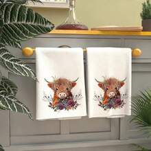 2Pcs Kitchen Towel Watercolor Floral Highland Cow Country Style Farmhouse Dish Towel Kitchen Dishwashing Hand Tea Towel Kitchen Dry Dish Towel Suitable For Kitchen Restaurant Dining Table
