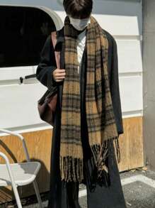 1pc Men's Autumn And Winter Vintage Maillard Scarf, Outdoor Windproof And Warm Thick Scarf Shawl, Couple Plaid Tassel Scarf, Suitable For Both Men And Women