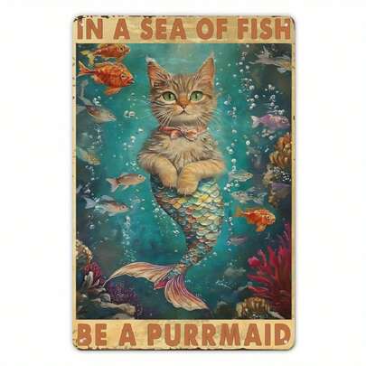 Vintage Mermaid Cat Metal Tin Sign | "Become A Purr" Whimsical Wall Art | 12x8 Inch High Quality Tin | Multicolor Underwater Scene, Vibrant Fish And Coral Design | Durable, Easy To Hang Home, Bar, Garden, Office Decor | Ideal Gift For Cat Lovers, Mermaid Decor, Random Style
