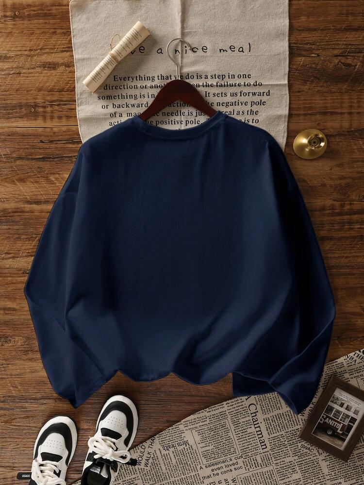 韓国風 レディース ルーズフィット コットン レタープリント ラウンドネック カジュアル 長袖Tシャツ、春秋シーズンに活躍 - ネイビーブルー - 見る 6