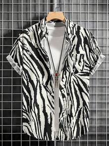 Men's Hawaiian Zebra Print Shirt Button Up Short Sleeve Collar Animal Print Shirt Tops Cheetah Print Topshalloween - 黑色 - 查看 7