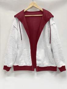 Plus Size Women Solid Color Fleece Zip-Up Jacket, Basic Style, Warm For Autumn/Winter - Burgundy - View 3