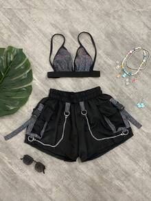 Shiny Holographic Set - Cargo Shorts And Black Holographic Top With Colorful Shine - Negro (M) - Ver 2