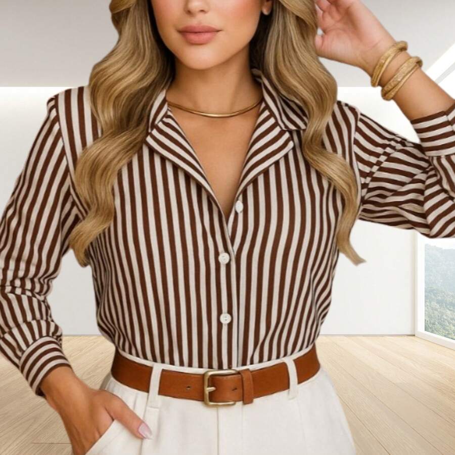 Women's Long Sleeve Caramel Brown Striped Dress Shirt - Your Style In The Spotlight - Nâu Caramel - Xem 1