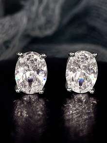 1 Pair Minimalist Creative European & American Sparkling 4-Prong Single Diamond Stud Earrings, Fashionable Small Oval Cubic Zirconia Women's Earrings, Suitable For Daily And Holiday Wear