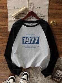 2025 Autumn New Fashion Casual Loose Long T-Shirt For Women, Numeric & Letter Print Colorblock Streetwear Tops, Korean Style - Dark Gray - View 3