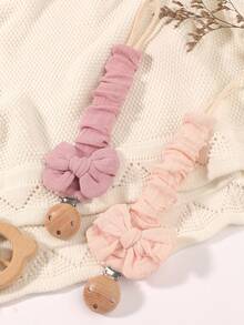 2pcs Baby Solid & Printed Pacifier Clips, Bowknot Pacifier Holder, Wooden 3-Hole Pacifier Clips, Suitable For Daily Use In Blue, Pink, Khaki
