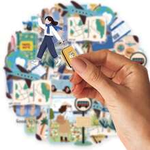 30张户外装饰贴纸，图案包括椰子树、飞机、旅行包，适用于剪贴簿、相册、行李箱、办公电脑、学生笔记本、铅笔盒、学习用品、派对装饰、学生文具剪贴簿用品。 - 淺藍色 - 查看 3