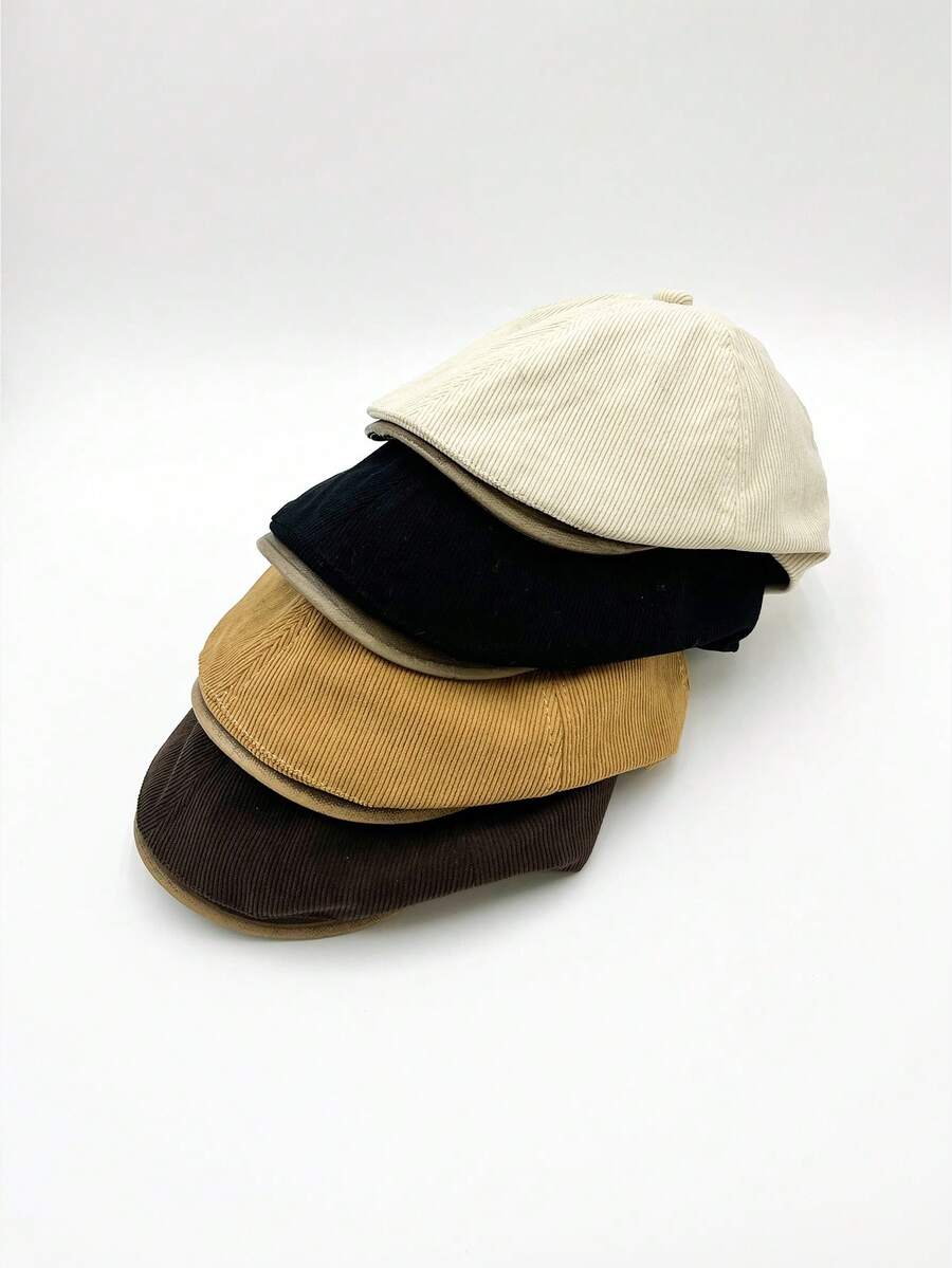 1 件灯芯绒复古贝雷帽，卡其色复古风格，适合秋冬，修身版型，休闲/通勤，男女通用时尚帽，经典设计 - 彩色 - 查看 1