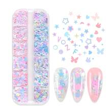 12 件美人鱼彩色字母、星星、蝴蝶美甲亮片装饰混合，包括浅色星星、圆圈、心形薄片，DIY 美甲用品