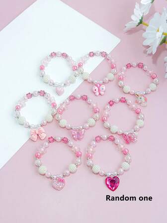 1 件随机女孩手链，带蝴蝶结、独角兽、花朵串珠饰物，适合上学、日常佩戴、节日、生日礼物