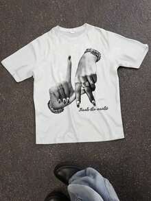 Women's Casual Simple LA Hand Gesture Print Loose Crew Neck Short Sleeve-Shirt, Summer - 白色 - 查看 1