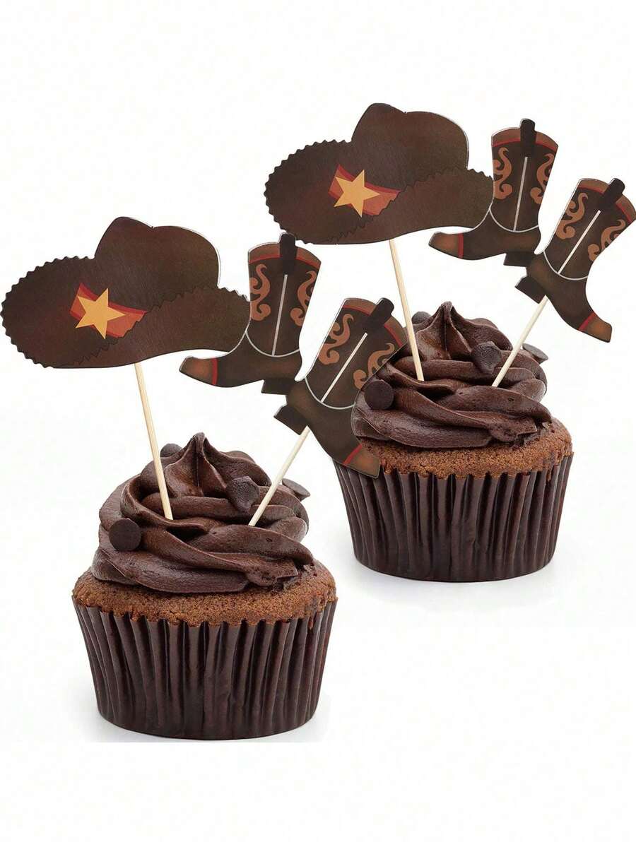 12pcs/24pcs Brown Cowboy Hat And Boot Cupcake Toppers, Western Theme Birthday Cake Decorations, Cupcake Decorations For Gender Reveal Party, Baby Shower, Photo Props, Birthday Decorations, Party Supplies, Baby Christening Decorations, Holiday Decorations - Multicolor - View 1