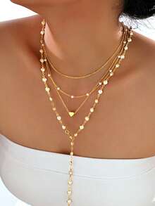 4/1 Set Elegant Vintage Minimalist Style Women Pearl Heart Flower Cross Pendant Y-Necklace Set, Suitable For Women's Daily, Party, Date, Wedding, Vacation, Multi-Layer Wear, Delicate Necklace, 2025 New Collection