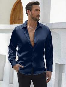 Mens Silk Satin Shirts Long Sleeve Button Down Loose Fit Dress Shirt Luxury Party Prom Wedding Shirtshalloween - 寶藍色 - 查看 11
