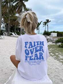 180g Faith Over Fear Christian Graphic-Shirt |   Women's Casual Vacation Bible Verse Tee |   Summer Round Neck Short Sleeve Top Summer-Shirt Women Casual Loose Top Letter Print Tee - 白2 - 查看 6