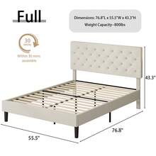 Upholstered Bed Frame With Headboard, Linen Fabric Bed Frame With Button Tufted Headboard, No Box Spring Needed, Easy Assembly, Twin/ Full/ Queen/ King, Beige/ Pink/ Dark Grey/ Grey/ Blue/ Cream/ Black - 奶油 - 查看 7