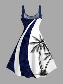 Matchable Couple Hawaiian Tree Print Shirt Or Plus Size Knee Length Fit And Flare Tank Dress-2025 - Đàn ông xanh - Xem 8