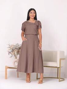 A-Line Midi Skirt Set With Pockets And Front Slit, Short Top With Buttons, Simple, Elegant Casual, Pocket, Wedding, Beach, Women's Fashion, Evangelical Fashion, Christian Fashion - 深棕色 - 查看 3