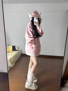 Women Cute Shark Hoodie Long Sleeve Blue Kawaii Animal Shark Shape Hooded Pullover Sweatshirts - 粉色 - 查看 7
