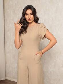 Women's Jumpsuit In Plain Marrant, Pocket, Pantaloons With Petal Sleeves, Simple Pocket Office - 米色 - 查看 5