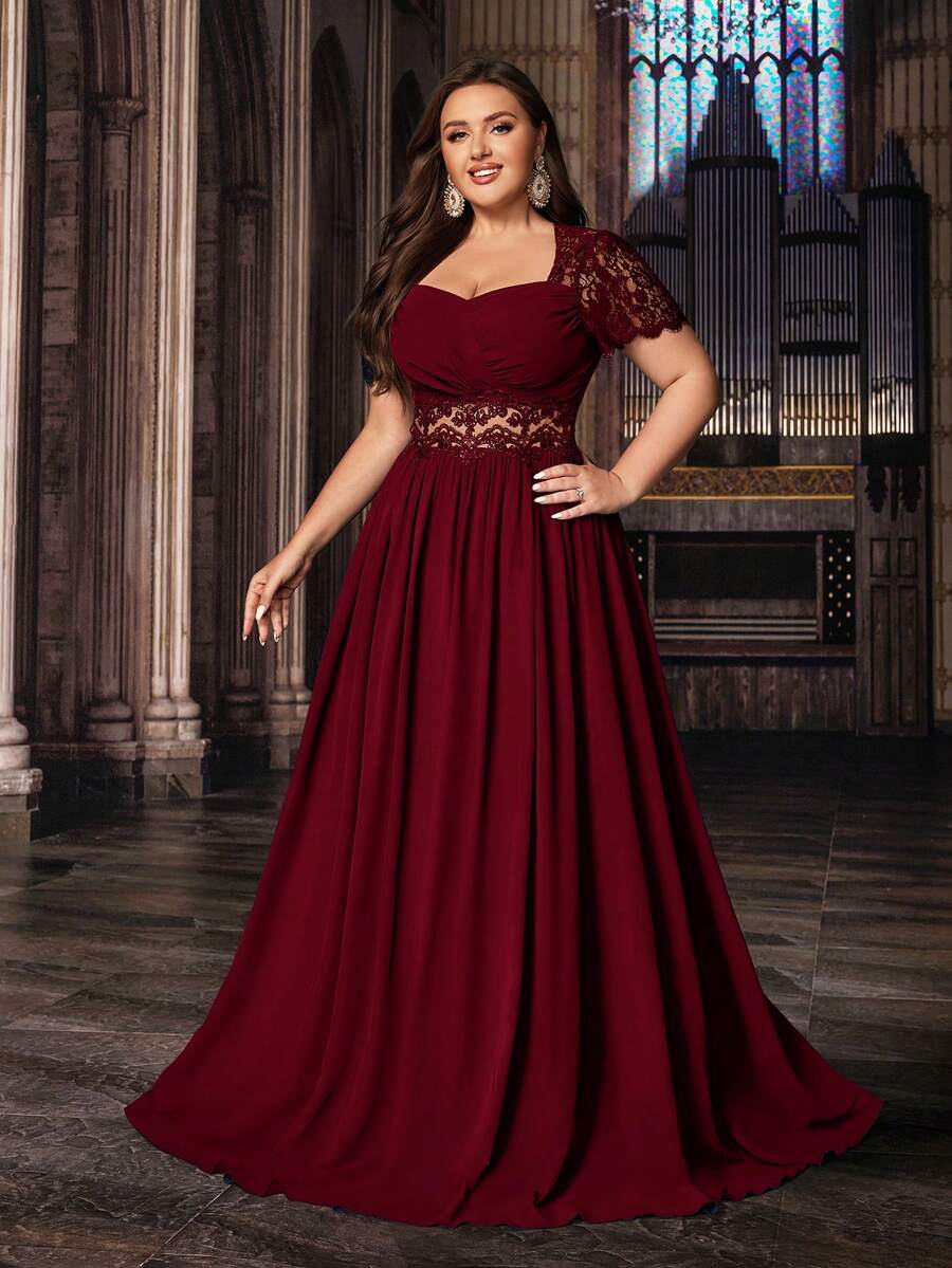 QOQ 高贵大码女士正式礼服优雅晚礼服派对礼服，适合生日派对、晚宴、婚礼宾客，蕾丝泡泡袖雪纺礼服，情人节 - 酒紅色 - 查看 1