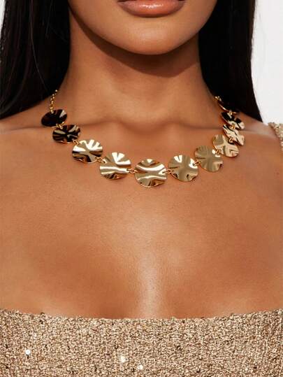 1pc Asymmetrical Gold Metal Disc Punk Style Necklace, Suitable For Daily Wear, Street Style, Outings, Thick Collar Necklace, Women's Thick Jewelry