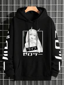 Zrgoth动漫风格！男士抓绒连帽衫，新款秋冬街头时尚印花套头卫衣 - 黑色 - 查看 6