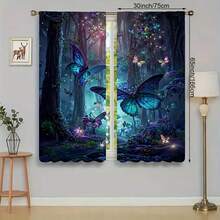 2pcs Enchanting Blue Butterfly Forest Curtains - Durable Polyester Fiber, Digital Printing, Vibrant Colors, Pole Bag Design, Easy To Hang, Fade Resistant, Ideal Choice For Living Room Decoration