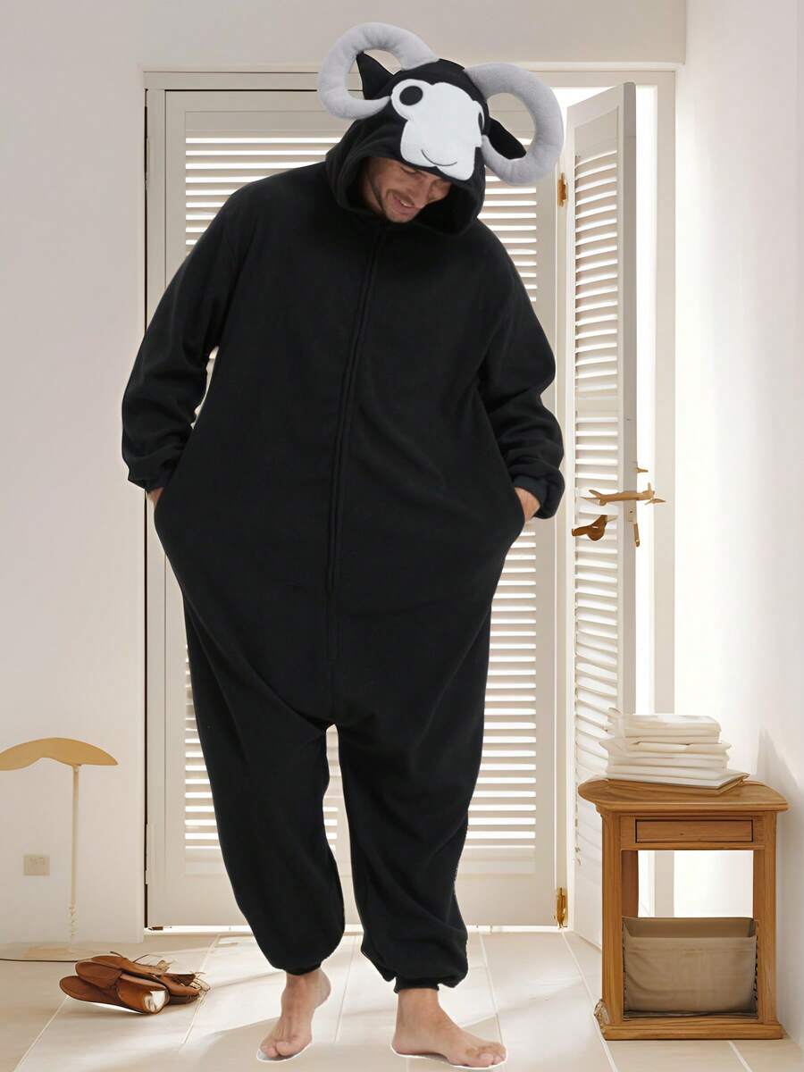 Bighorn Sheep Adult Men's Cartoon One-Piece Pajamas Autumn And Winter Thickened Animal One-Piece Pajamas Hooded Warm Home Clothes Halloween Costume Christmas Role Play Party Costume - màu đen - Xem 1