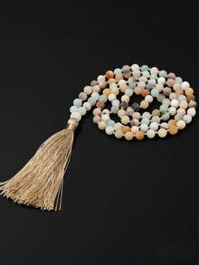 1pc New Bohemian Natural Stone Beaded Colorful Tassel Necklace, Sweater Chain Couples Necklace, Suitable For Daily Wear (Stone Bead Colors Vary In Each Batch)