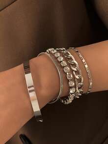 5 件/套复古简约铜质手工多层几何水晶吊饰手链套装适合女孩 - 均碼 - 查看 10