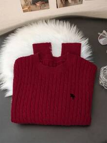 韩版优雅纹理圆领女式长袖刺绣套头毛衣