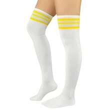 Zando Womens Stripes Thigh High Socks Thigh Highs Casual Knee High Stockings - O1對白色黃色 - 查看 1