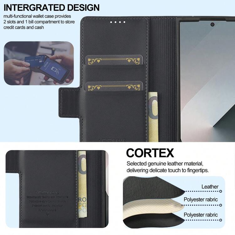 OUKNOEO Fashion Business Faux Leather Phone Case, Compatible With Samsung Galaxy Z Fold 7 6 5 4 3, With Pen Slot And 3 Card Slots, Anti-Theft Plush Wallet Style Protective Cover - Black - View 3