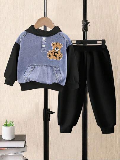 Set casual di felpa in denim e pantaloni per ragazzo, adatto per uscite e feste, autunno/inverno