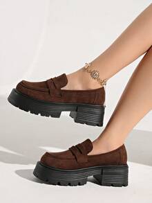 Mocassins à plateforme haut de gamme style britannique pour femmes, design polyvalent coréen avec semelle épaisse, talons compensés - brun - Voir 2