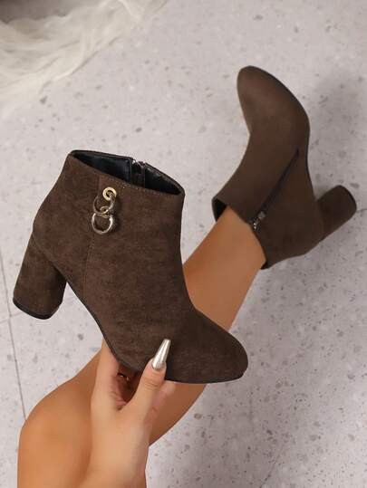 2026 New Women's Suede Fashion High Heel Side Zipper Ankle Boots, Solid Color Cute Casual Elegant Buttons Side Zipper High Heel Boots For Outdoor All Seasons