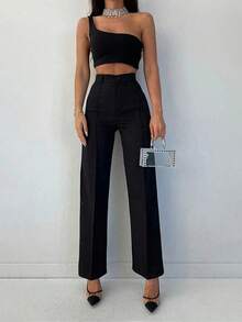 Damskie spodnie na jesień/zimę, cienka, elastyczna dzianina, jednokolorowe, z wysokim stanem i guzikami z przodu, proste i uniwersalne, wyszczuplające, proste nogawki, odpowiednie na co dzień i do pracy