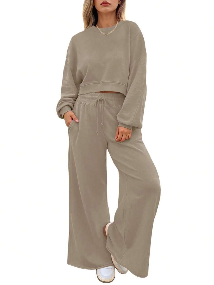 Fisoew Women Batwing Sweatshirt Wide Leg Pants Set Casual Fall Loungewear Two Piece Outfit Cozy Sweatsuit - Khaki - View 1