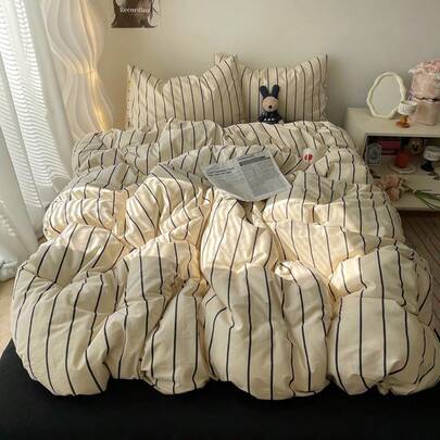 3 件套 100% 涤纶复古条纹羽绒被套套装，2 个枕套 + 1 个羽绒被套（无床单）