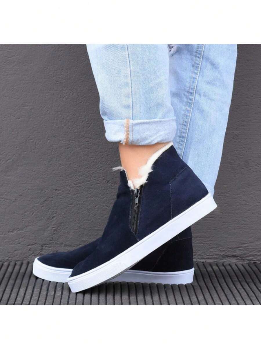 Boots With Plush Fur Zipper Comfortable Sneakers Easy To Put On Booties Winter - 藏蓝色 - 查看 1