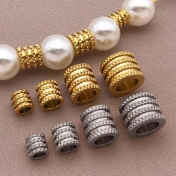 15pcs Flat Round Textured Spacer Beads Stainless Steel Loose Beads Metal Stripe Tube Beads Large Hole Spacer Beads For DIY Bracelets Necklaces Jewelry Making Findings