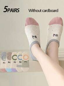 5 双女式内衬/隐形袜，白猫条纹刺绣，时尚可爱又有趣，百搭休闲日常穿着，柔软舒适吸湿排汗，适合返校 - 彩色 - 查看 1