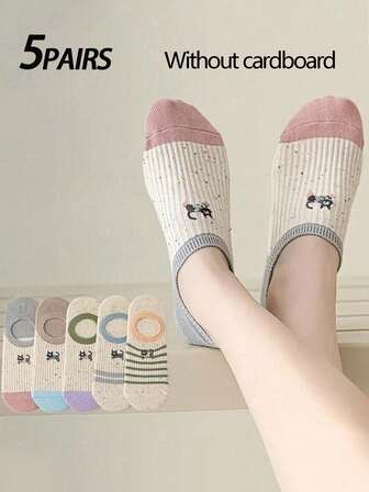 5 Pairs Women's Liner/No Show Socks, White Cat Stripe Embroidery, Fashion Cute & Fun, Versatile Casual Daily Wear, Soft Comfortable Moisture-Wicking, Back To School