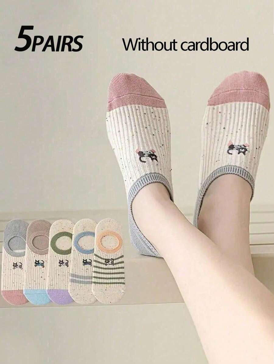 5 双女式内衬/隐形袜，白猫条纹刺绣，时尚可爱又有趣，百搭休闲日常穿着，柔软舒适吸湿排汗，适合返校 - 彩色 - 查看 1