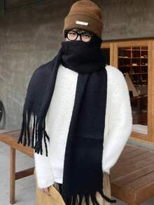 1pc Men's Autumn And Winter Thick Solid Color Tassel Scarf, Fashionable Versatile Warm Scarf, Long Flowing Fringe Scarf, Suitable For Both Men And Women