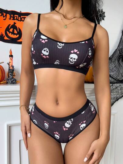 1 Set Damen Halloween Totenkopf Muster Weiche Rippstrick Lingerie Set - Bequemer Polyester-Mischgewebe BH und Slip mit Gummibund, Bequeme Lingerie|Totenkopf Muster|BH und Slip Set